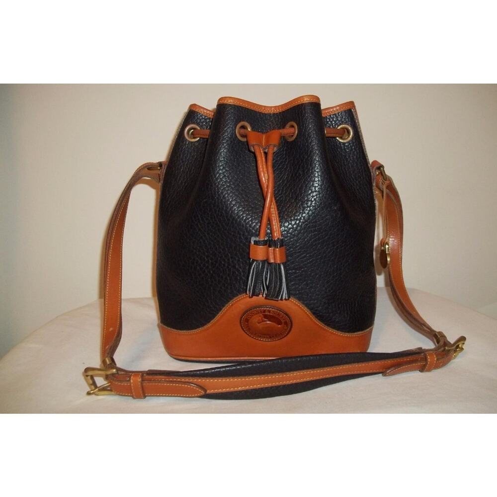 Vintage Dooney & Bourke Black & Brown Pebbled Leather Drawstring Bucket Purse